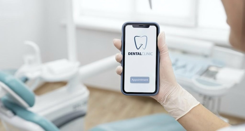 A mobile phone monitor showing a dental clinic app against the backdrop of a clinic