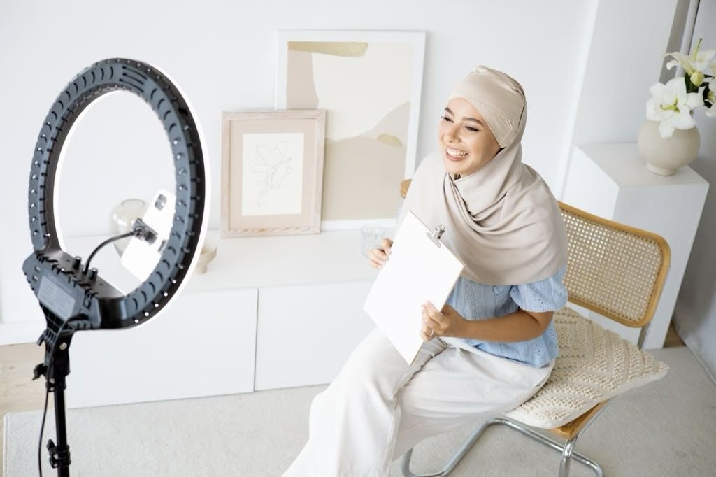 A woman wearing a hijab sitting on a chair in front of camera equipment