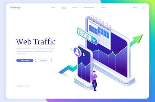An illustration of web traffic on a website page with graphics on display