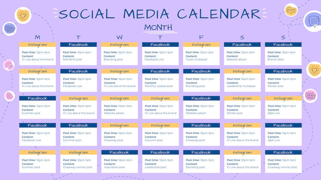 A complete monthly social media content calendar with posting schedule and content type